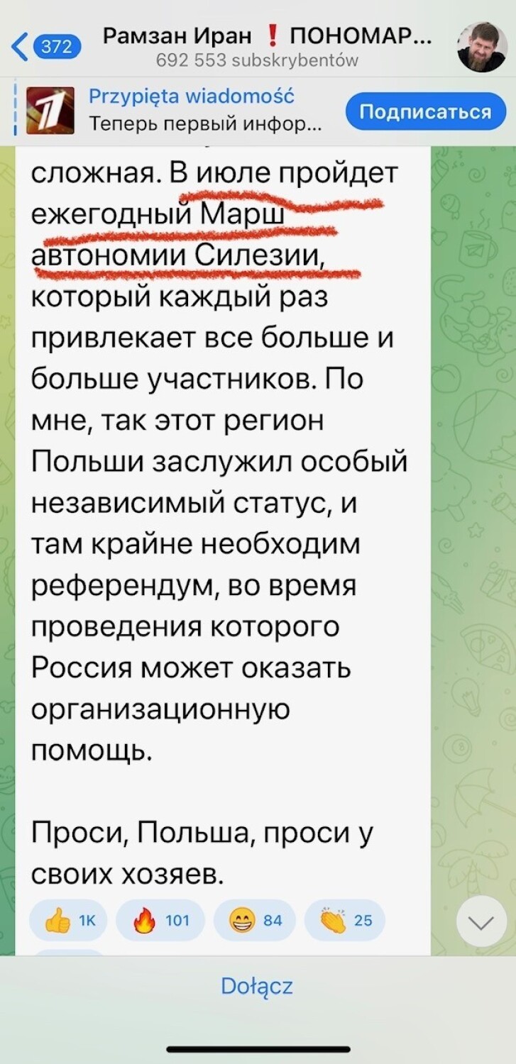 Ramzan Kadyrow, czeczeński przywódca pisze na Telegramie o...