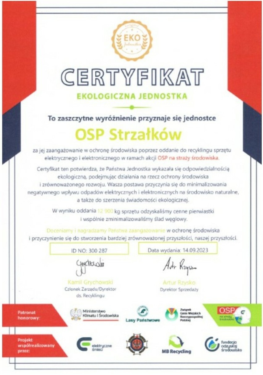 Certyfikat Ekologiczna Jednostka dla OSP w Strzałkowie...