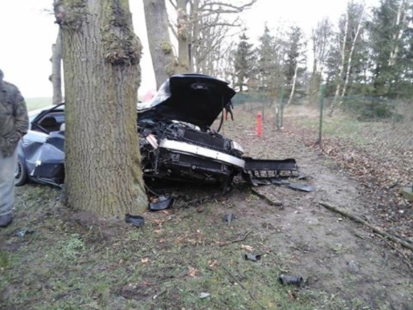 Audi uderzyło w drzewo. Kierowcę zabrał śmigłowiec lotniczego pogotowia ratunkowego