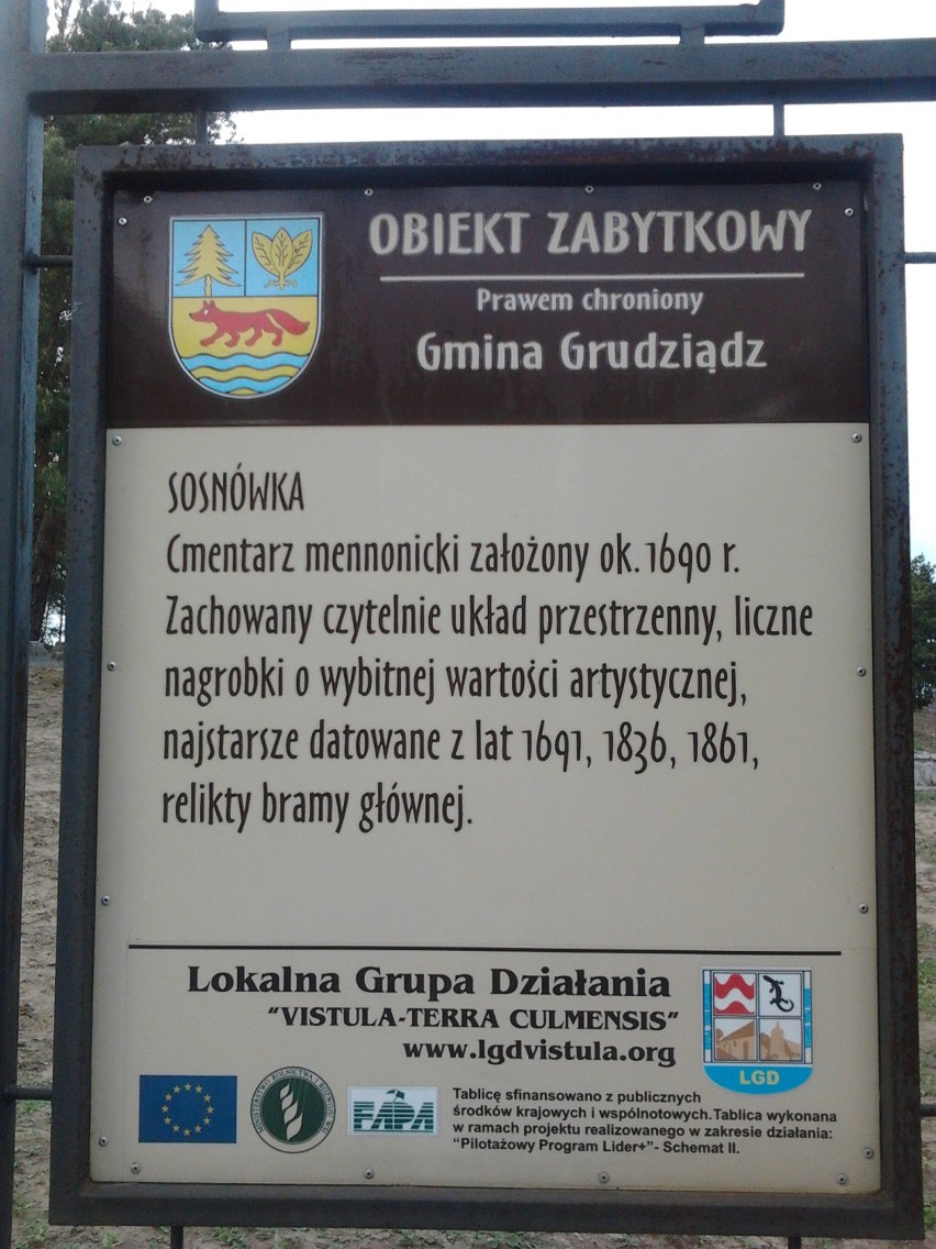Tablica informacyjna o cmentarzy mennonickim w Sosnówce