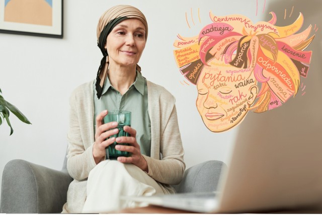 Specjalna grafika przedstawia twarz osoby po utracie włosów na skutek chemioterapii. Na twarzy widać budzące lęk słowa, pojawiające się u pacjenta tuż po diagnozie. Na głowie jednak jest kolorowa peruka, wyrażająca to, czego potrzebuje pacjent onkologiczny.