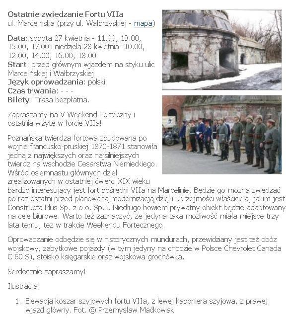 Ostatnie zwiedzanie Fortu VIIa
ul. Marcelińska

Data: sobota...
