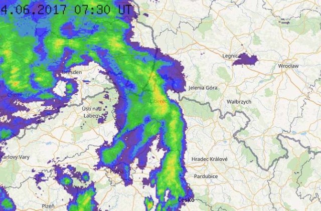 Pogoda - Obraz z radaru burzowego - niedziela, 4 czerwca godz. 9.30