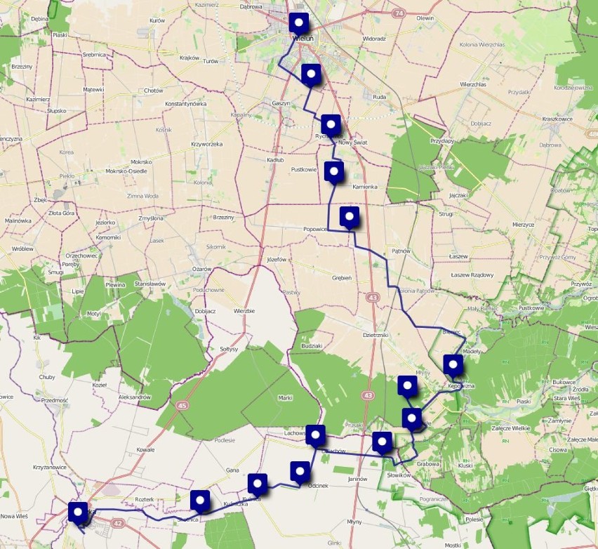 Trasa Ekstremalnej Drogi Krzyżowa z Wielunia do Praszki z zaznaczonymi stacjami