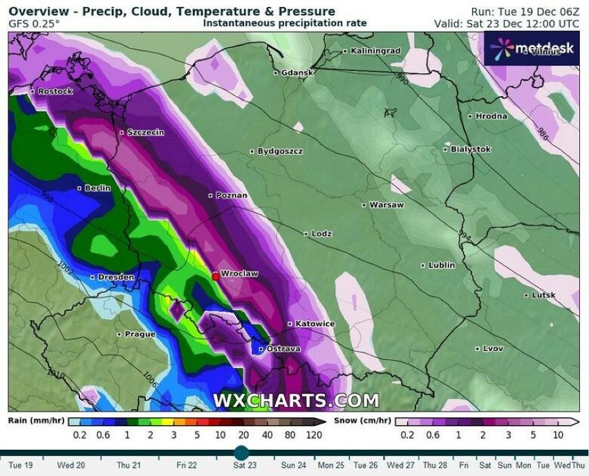 Model prognozowanej prędkości wiatru na 23 grudnia 2023