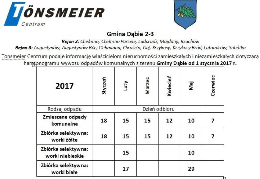 Gmina Dąbie: Harmonogram wywozu odpadów komunalnych