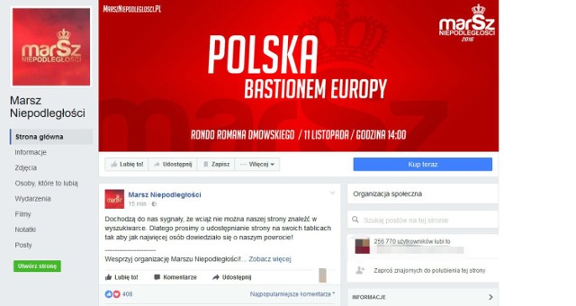 Facebook odblokował profil Marszu Niepodległości. Nie widać go jednak w wyszukiwarce