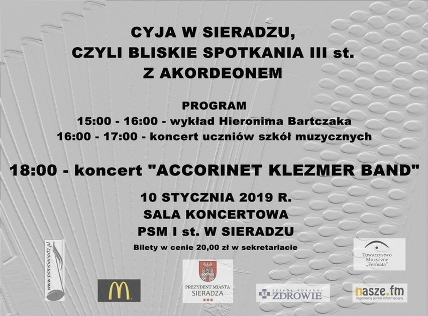 Muzyczne spotkanie akordeonistów „Cyja w Sieradzu" w czwartek 10 stycznia. Imprezę uświetni koncert Accorinet Klezmer Band