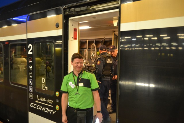 Pierwszy pociąg Leo Express na katowickim dworcu w czerwcu 2018 roku.