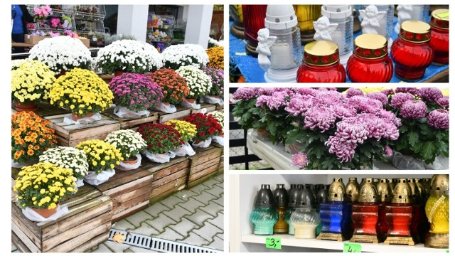 Ceny zniczy, lampek nagrobnych, kwiatów żywych i sztucznych pod cmentarzem komunalnym w Busku-Zdroju we wtorek, 24 października. >>>Więcej na kolejnych slajdach