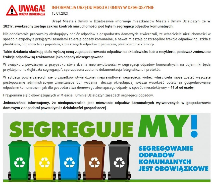 Odbiór śmieci w gminie Działoszyn. Opłaty nie wzrosły, ruszają za to wzmożone kontrole