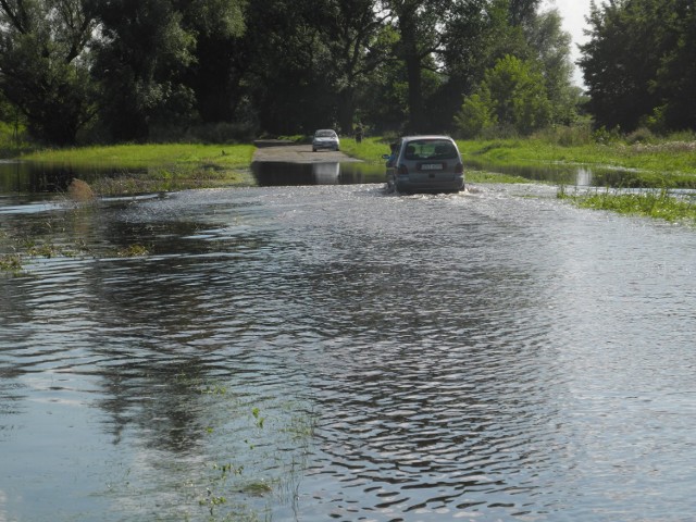 Mimo, że droga jest zalana, kierowcy przez nią przejeżdżają.
