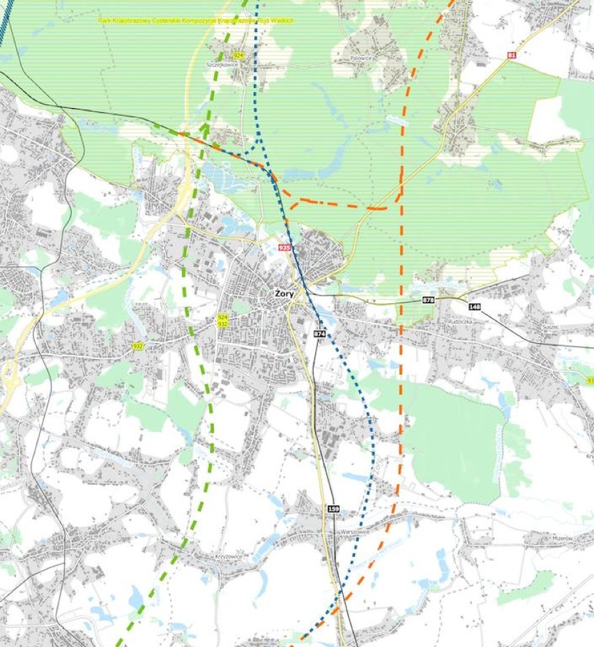 Planowane warianty przebiegu nowej linii kolejowej w Żorach
