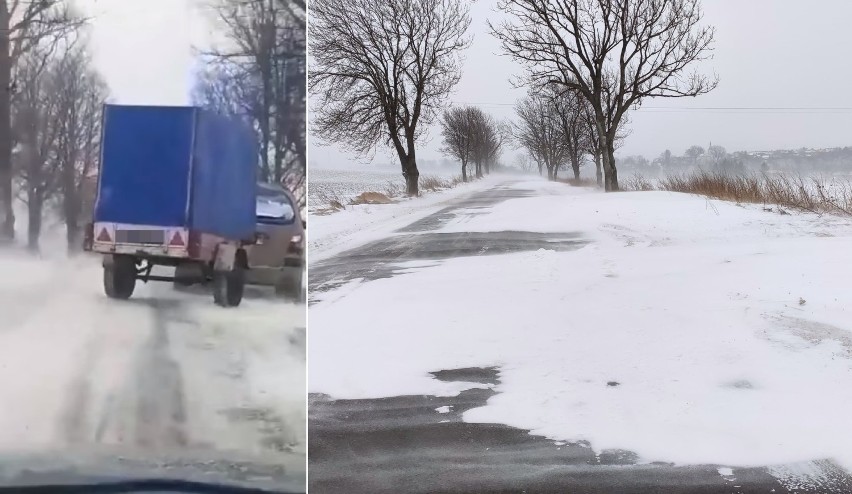 Trudne warunki na drodze Nowy Żmigród - Samoklęski. Bus wpadł do rowu, śnieg zalega na drodze [ZDJĘCIA, WIDEO]