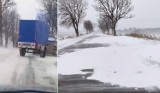Trudne warunki na drodze Nowy Żmigród - Samoklęski. Bus wpadł do rowu, śnieg zalega na drodze [ZDJĘCIA, WIDEO]