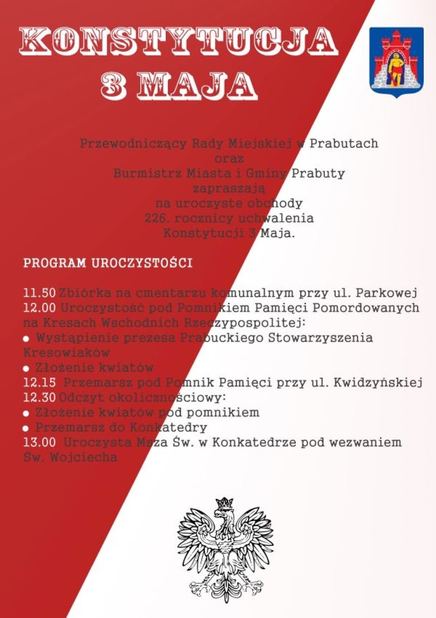 Święto 3 Maja. Program uroczystości w Kwidzynie, Gardei i Prabutach