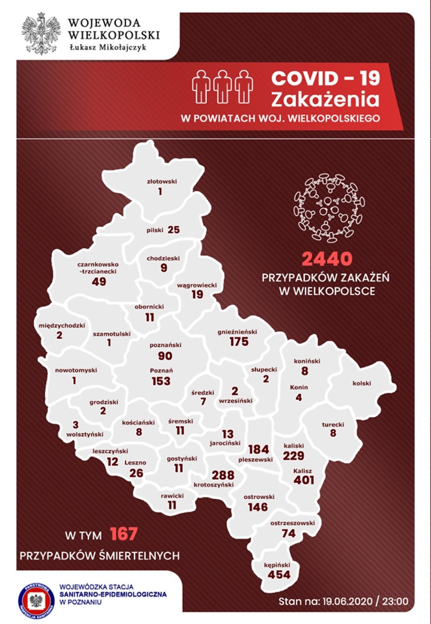 Mapa zakażeń powiatów wielkopolskich - stan na piątek 19 czerwca godz. 23.00