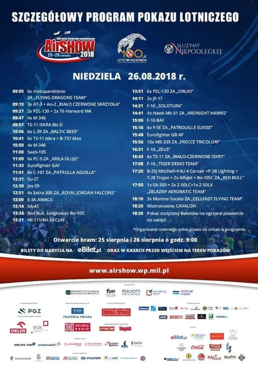 Air Show 2018 w Radomiu.Szczegółowy program Międzynarodowych Pokazów Lotniczych w dniach 25 i 26 sierpnia na lotnisku na Sadkowie