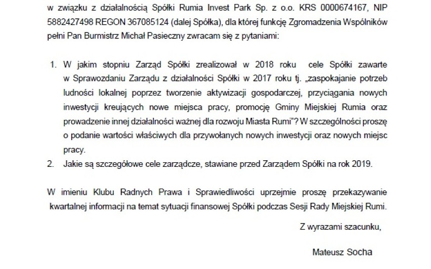 Spółka Rumia Invest Park. Radny PiS ma "poważne wątpliwości"