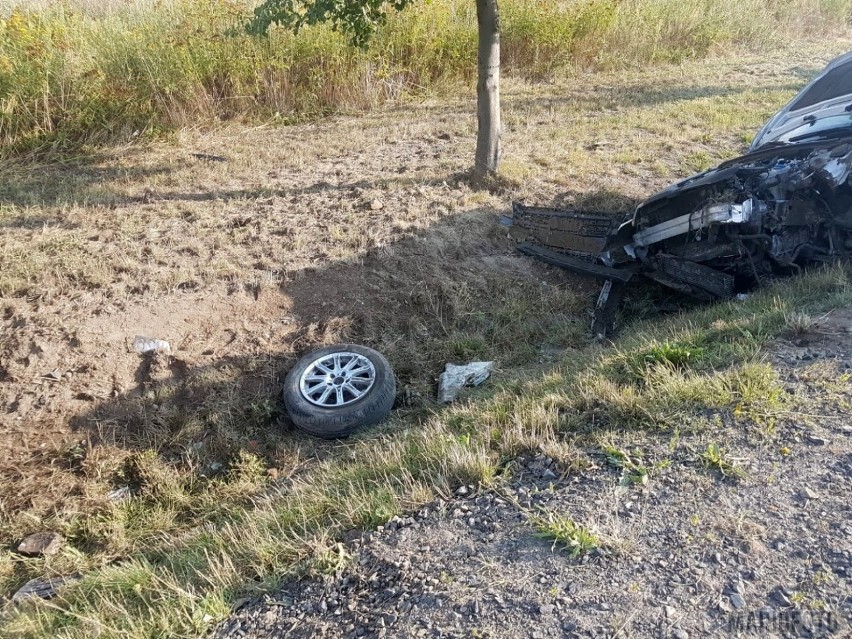 Wypadek na krajowej 45 w Jełowej. Zniszczone znaki i osobowe audi w rowie