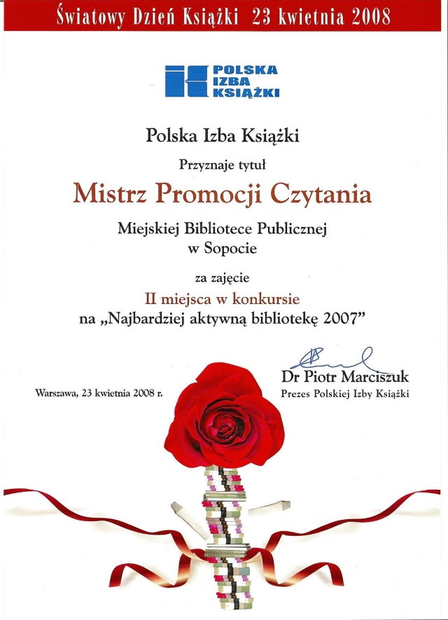 Dyplom Mistrza Promocji Czytania dla Sopockiej Biblioteki