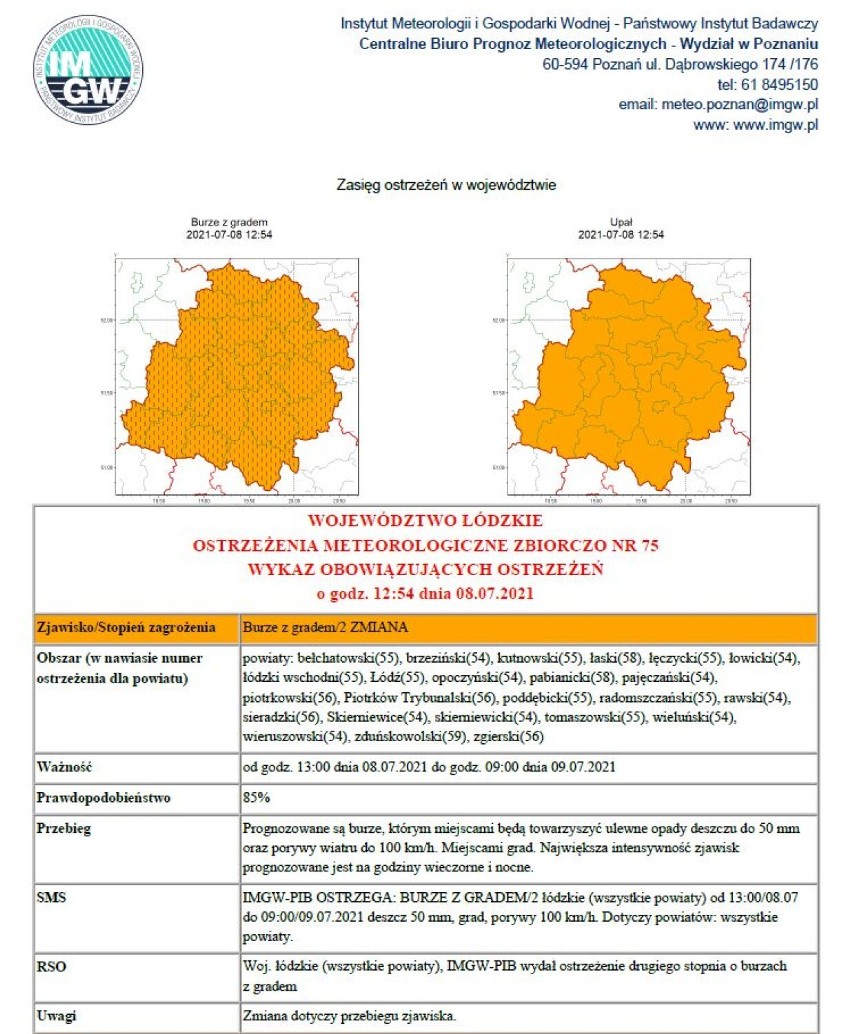 Wieczorem i w nocy spodziewane są burze z gradem. Ostrzeżenie drugiego stopnia dla woj. łódzkiego 09.07.2021