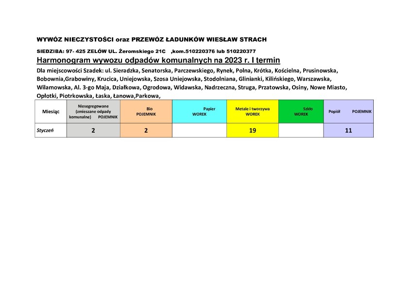 Harmonogramy wywozu śmieci w Szadku i gminie na styczeń 2023 