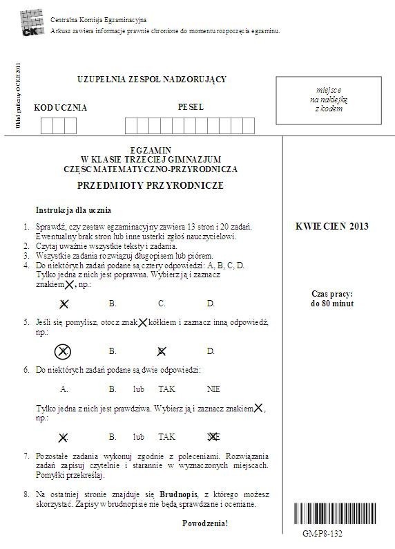 EGZAMIN GIMNAZJALNY 2013. Test przyrodniczy [ARKUSZ dla osób upośledzonych, ODPOWIEDZI wkrótce]