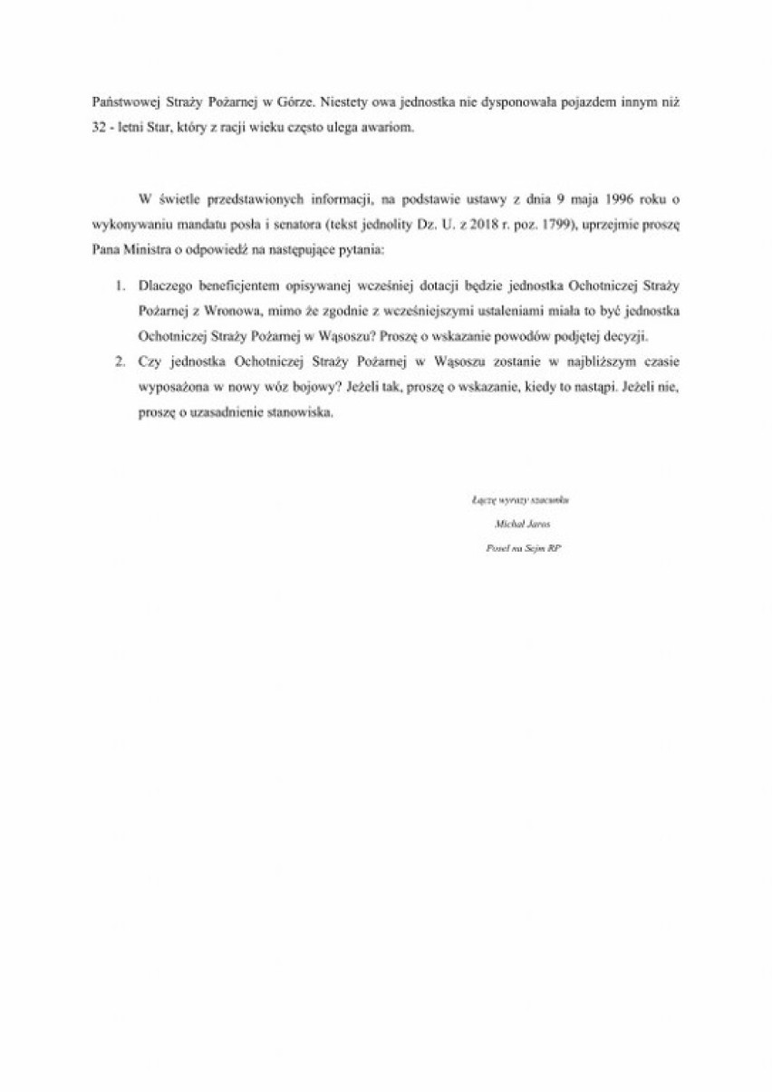 Poseł interweniuje w sprawie wozu dla OSP w Wąsoszu [ZDJĘCIA]
