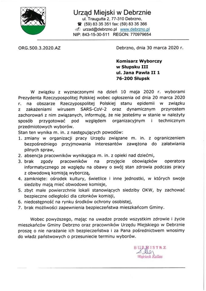 Burmistrz Miasta i Gminy Debrzno wystosował list otwarty do Komisarza Wyborczego w Słupsku