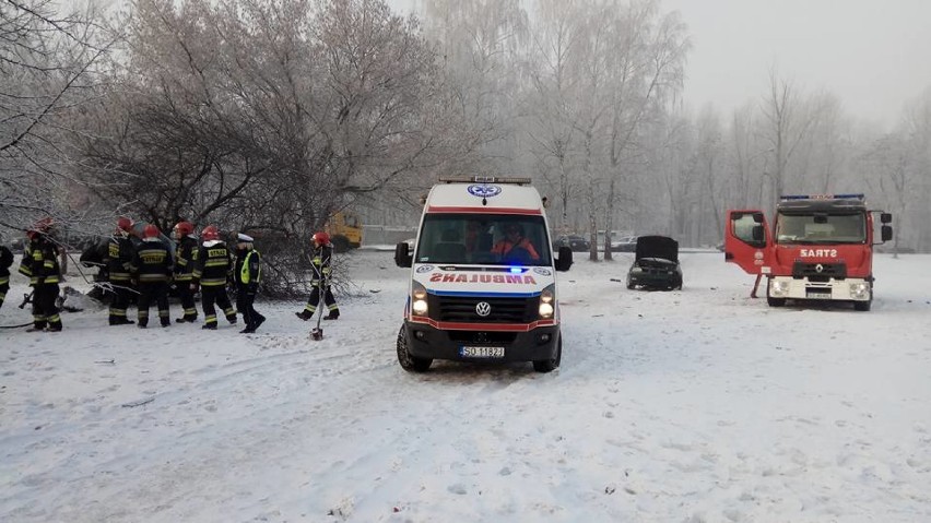 Wypadek w Sosnowcu: Samochód uderzył w drzewo... i rozpadł się na dwie części [ZDJĘCIA]
