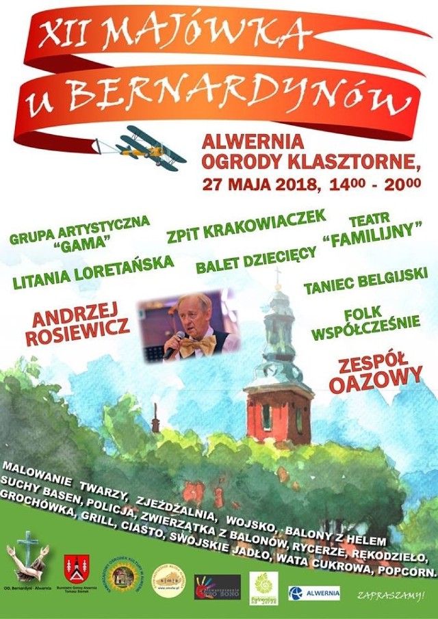 Andrzej Rosiewicz będzie gwiazdą XII Majówki u Bernardynów w Alwerni. Impreza przeznaczona dla całych rodzin rozpocznie się w niedzielę o  godz. 14 i potrwa do godz. 20.  Na gości czekać będzie wiele atrakcji m.in. rycerze, dorożka, zjeżdżalnia, suchy basen, stoiska  rękodziełem oraz pysznym jedzeniem.