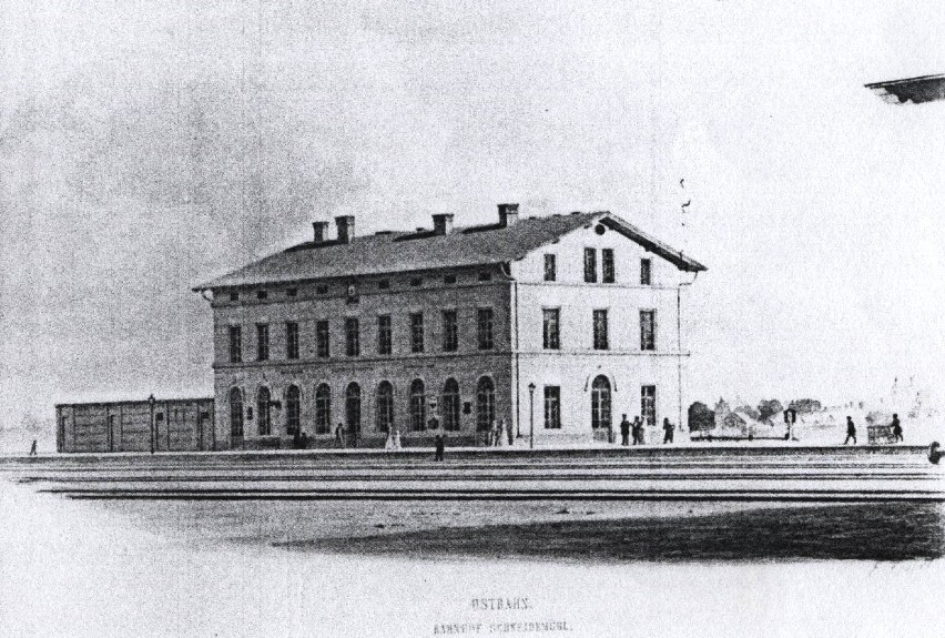 Pierwszy bud. dworca w Pile z 1851r. wg akwareli Eduarda...