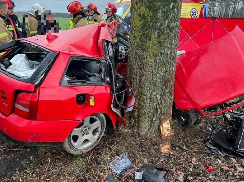 Śmiertelny wypadek na DW 201 za Nadziejewem w powiecie człuchowskim. Kierowca uderzył w drzewo. ZDJĘCIA