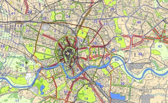 Centrum Krakowa na mapie obecnego studium. Na zielono zaznaczone tereny przewidziane w dokumencie pod zieleń