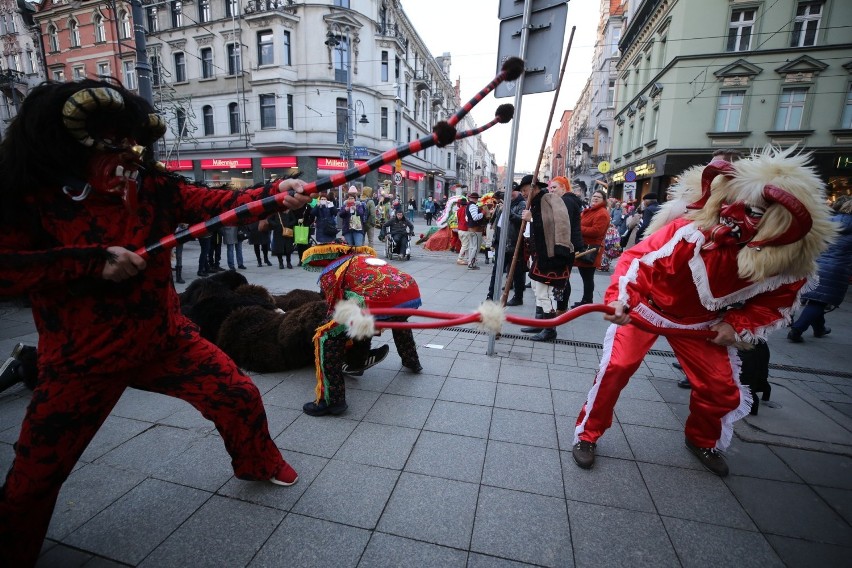 Żywieckie dziady na ulicach Katowic: kolorowe i głośne....