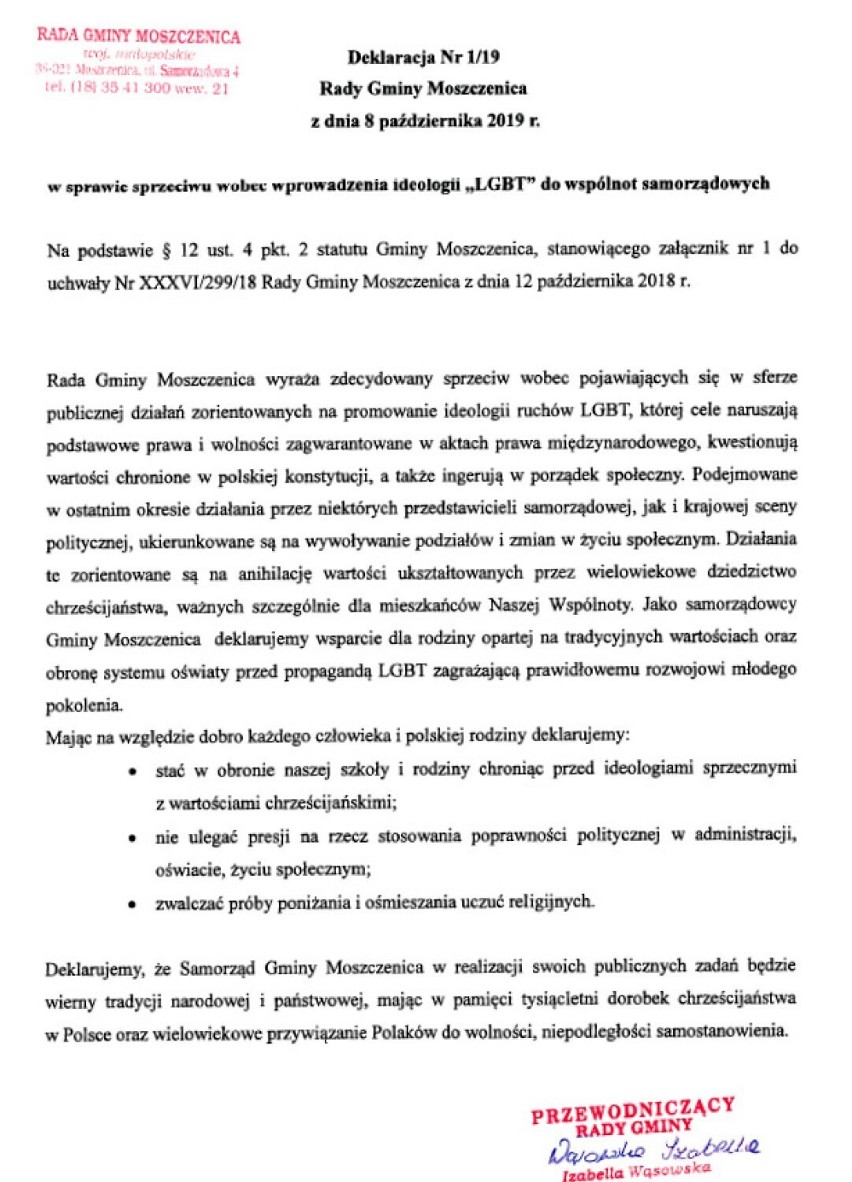 Radni z Moszczenicy już nie sprzeciwiają się ideologii LGBT....