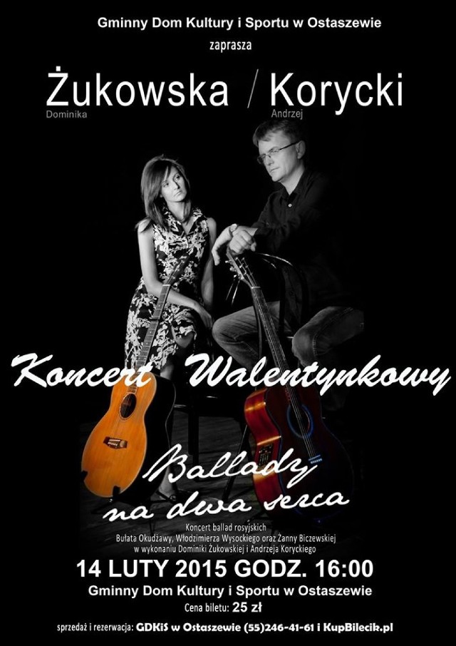 Ostaszewo. W Gminnym Domu Kultury i Sportu w Ostaszewie odbędzie się koncert z okazji Walentynek. Na deskach ostaszewskiej sceny wystąpi duet: Dominika Żukowska i Andrzej Korycki. Koncert zaplanowano na niedzielę (14 lutego) na godzinę 16.00.