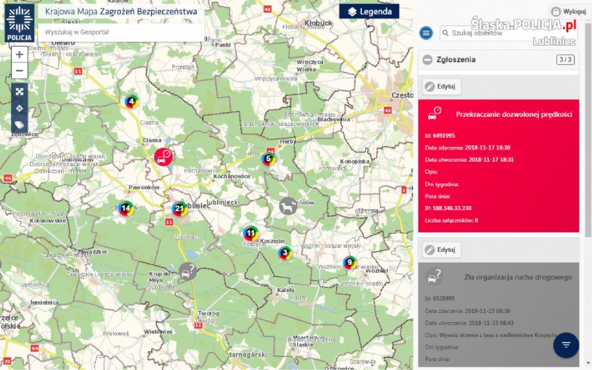 Krajowa Mapa Zagrożeń Bezpieczeństwa w powiecie lublinieckim. W listopadzie 70 zgłoszeń, ponad 1700 od początku funkcjonowania ZDJĘCIA