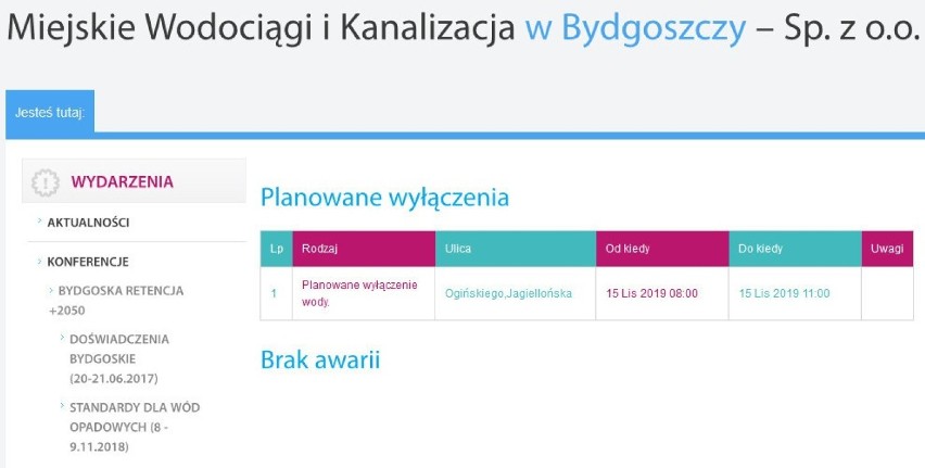 Planowane wyłączenia wody w Bydgoszczy [15.11.2019]