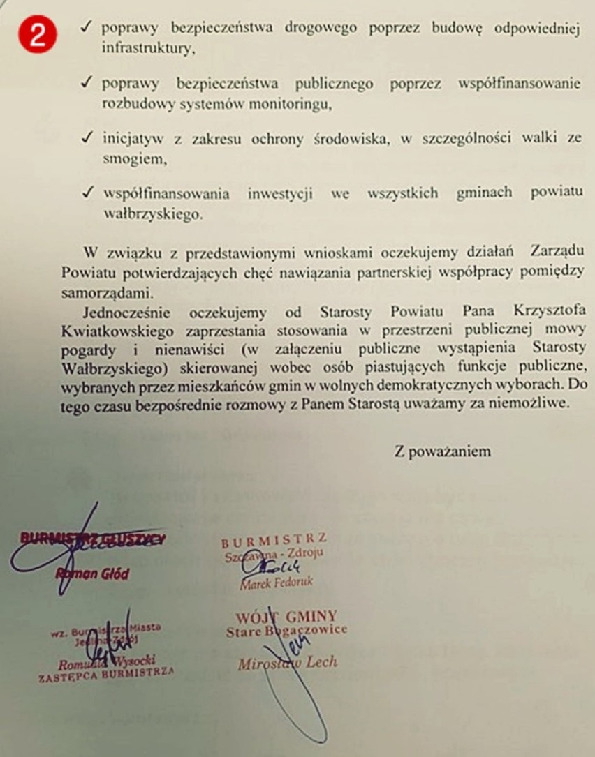 Oficjalne pismo włodarzy: Głuszycy, Jedliny-Zdroju,...