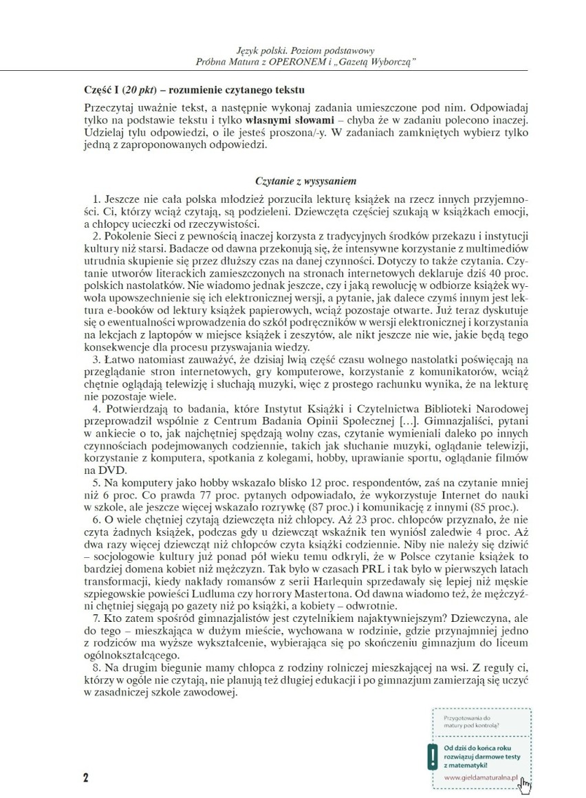 Próbna matura 2014/ 2015 z Operonem. Egzamin z języka polskiego 25.11 [TEMATY,ARKUSZE, ODPOWIEDZI]