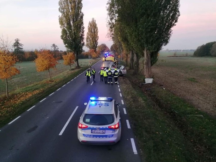 Poważny wypadek pod Pniewami. Kierowca wypadł autem z drogi i roztrzaskał się na drzewie [ZDJĘCIA]