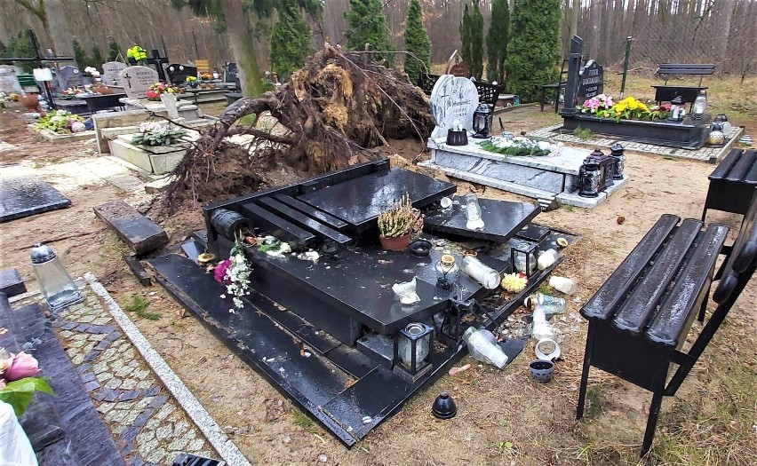 Orkan Malik wyrządził na cmentarzu w Goleniowie spore szkody