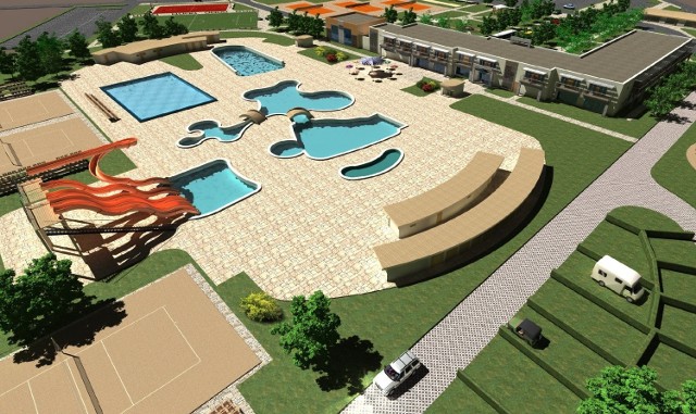 Wizualizacja kompleksu basenów na terenach OSiR przy ul. Parkowej.