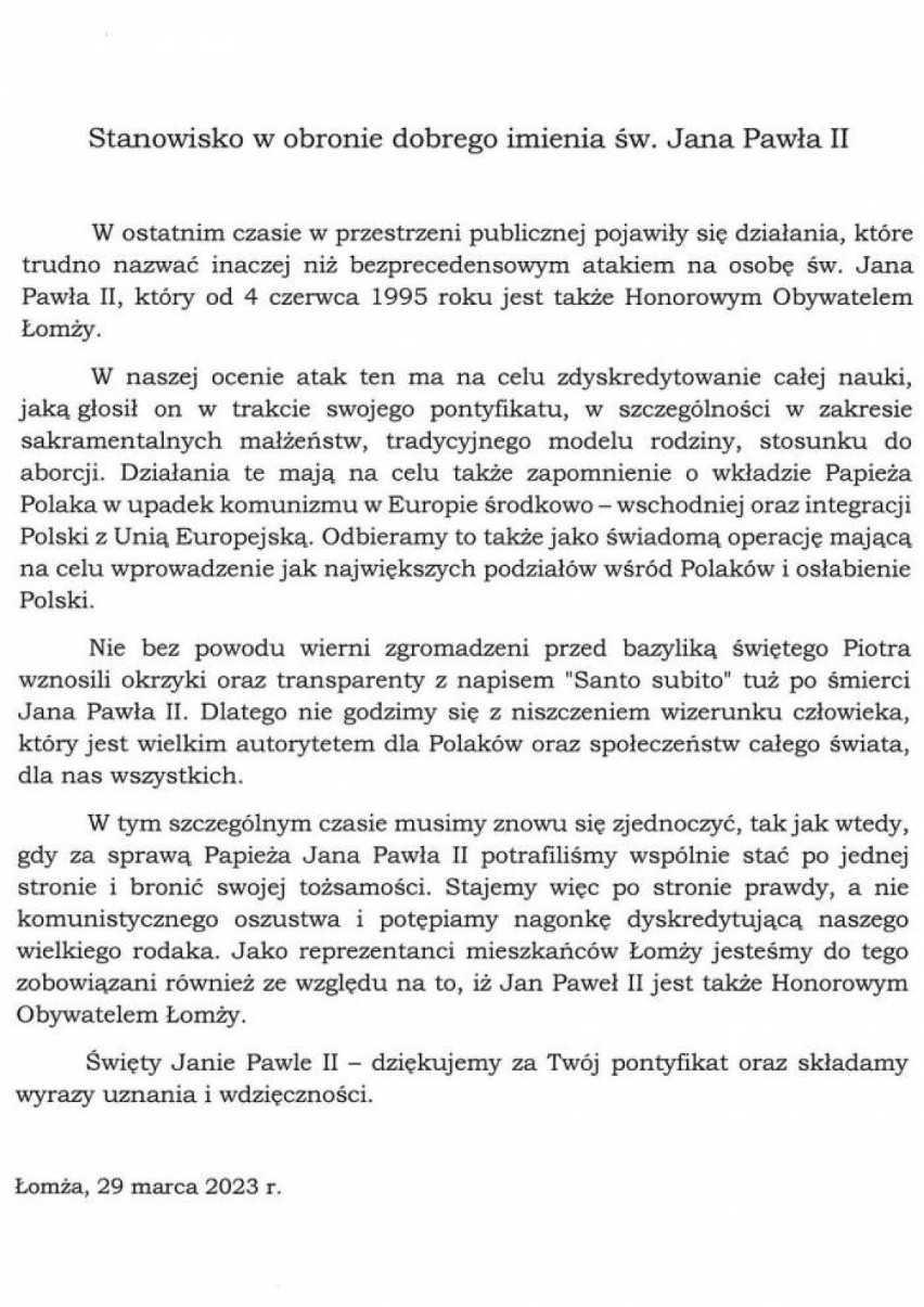 Łomża. Do Rady Miejskiej wpłynął projekt stanowiska w sprawie obrony dobrego imienia św. Jana Pawła II