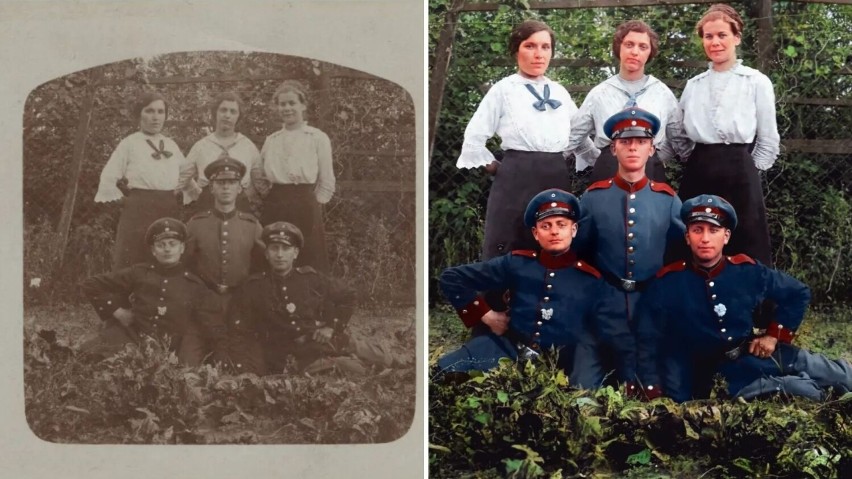 Niemieccy żołnierze w bawarskich Waffenrocks z dziewczynami...
