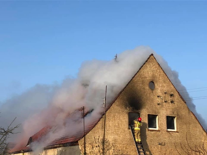 Duży pożar poddasza w Siekierowicach. Na miejscu interweniują zastępy straży pożarnej