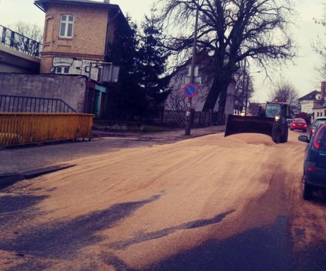 Do zdarzenia doszło w czwartek, 27 lutego, nad rane na ul. Składowej w Gorzowie. Z przyczepy ciągnika rozsypało się całe zboże.

Ciągnik z przyczepą wyładowaną zbożem jechał ul. Składową. W pewnym momencie, podczas jazdy doszło do otwarcia przyczepy i całe zboże wysypało się na jezdnię paraliżując ruch. Na miejsce przyjechała gorzowska policja. Trwa już usuwanie zboża z drogi za pomocą spychacza. Na ulicy został wprowadzony ruch wahadłowy.

WIDEO: Bezpieczna droga K22. Drogowi piraci nie mogą liczyć na taryfę ulgową 
