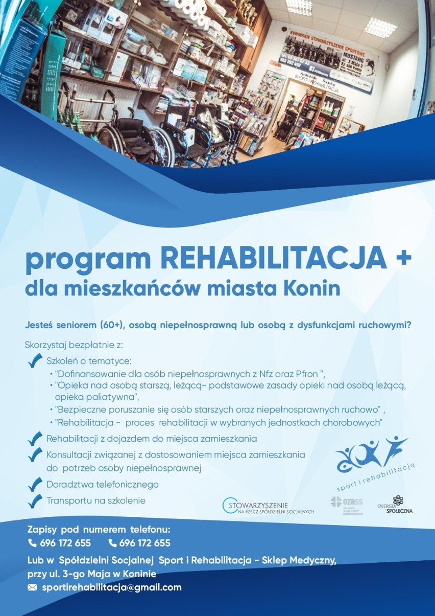 Konin. Bezpłatna rehabilitacja dla seniorów. Program REHABILITACJA + realizowany jest w ramach projektu Energia Społeczna